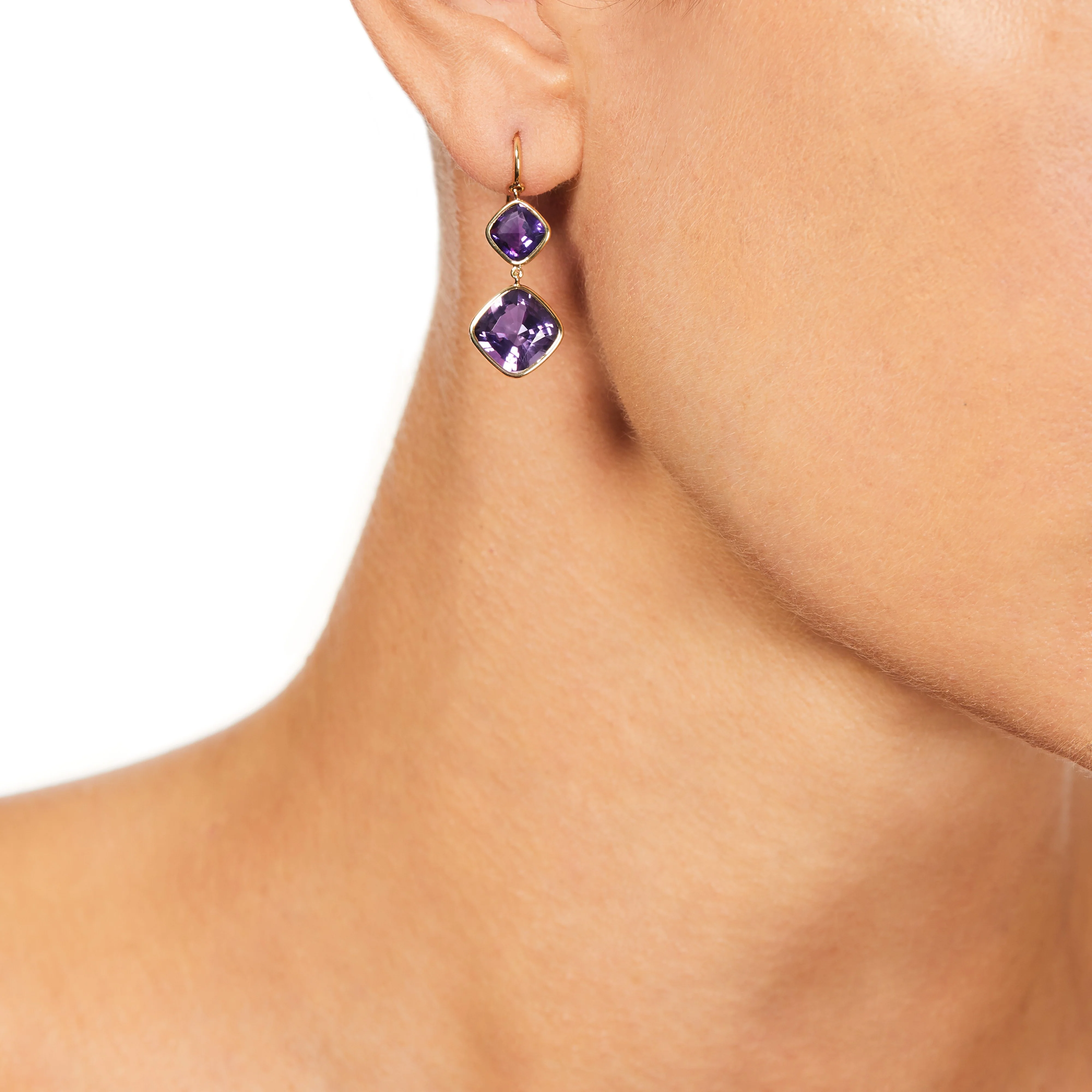 The Eva Earrings (Cushion Cut Amethyst Double Drop Earrings in Solid 18ct Gold) - Image 3