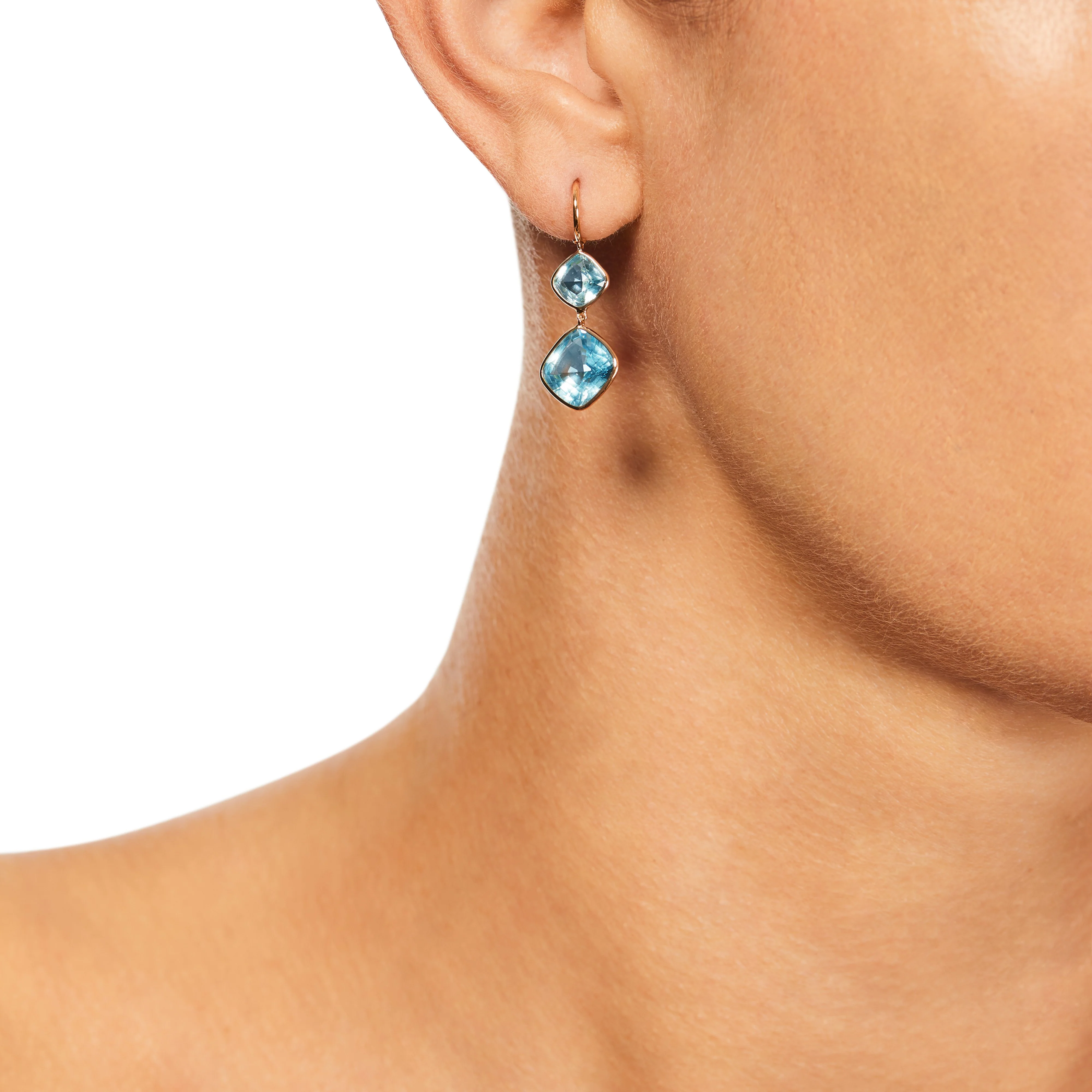 The Grace Earrings (Cushion Cut Blue Topaz Double Drop Earrings in Solid 18ct Gold) - Image 3